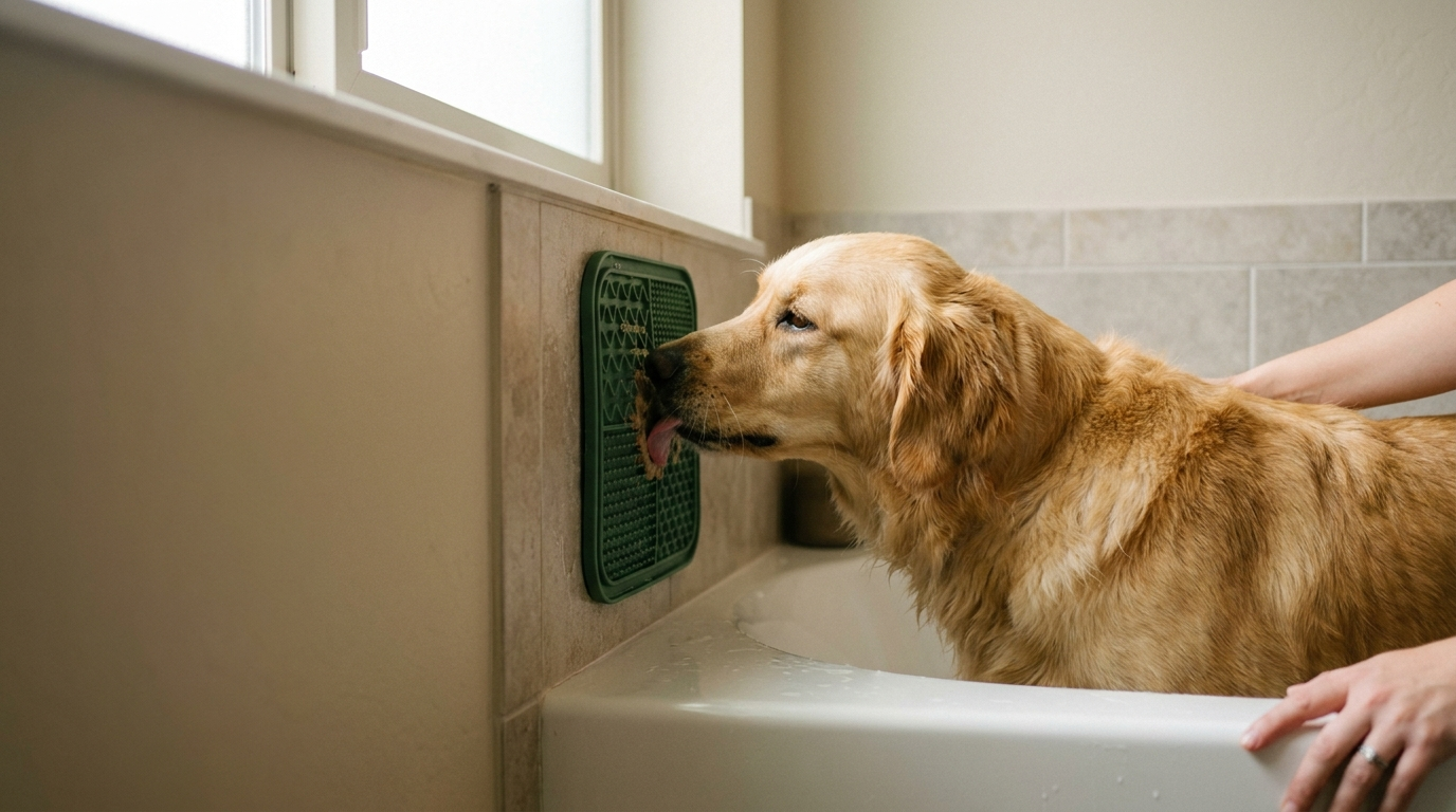 PawEase homepage hero — golden retriever licking mat in warm bathroom